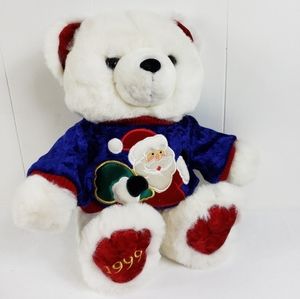 1999 Vintage Christmas Bear Plush Santa Appliqued Sweater Glass Eyes 16" EUC